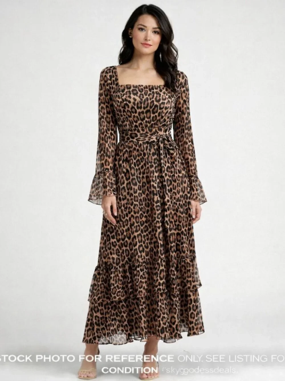 NWT Endless Moon Leopard Maxi Dress Square Neck Belted Long Sleeve Feminine L